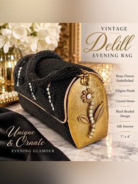 Vintage Delill Black Beaded Evening Bag Brass Floral Crystal Embellished Clutch